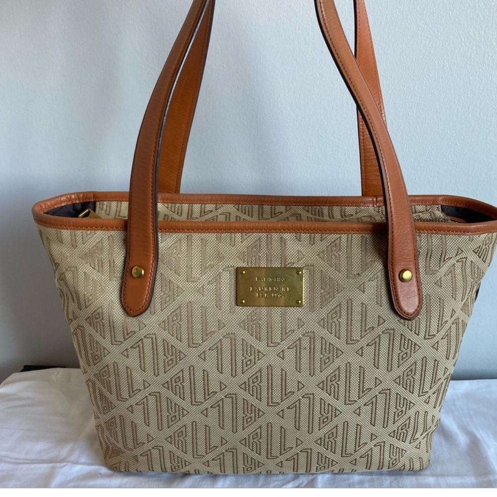 RALPH LAUREN Preppy Monogram Tote Shoulder Bag Shopper Purse Tan